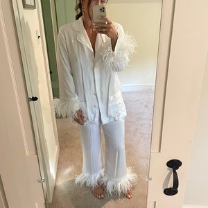 Sleeper Party Ostrich Feather-Trim 2-Piece Pajama Set, Sz Large